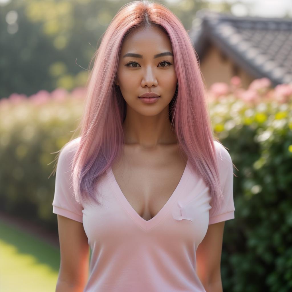  (((realistic full torso frontal head shot of a light tan skin tone woman))), hana yun hee nam, ((korean heritage)), immature face, blue eye color, ((straight hair style)), ((pink hair color)), ((skinny body type)), medium size, athletic size, (immature small straight nose), (immature defined cheekbones), (immature soft jawline), (immature full lips), (immature smooth forehead), (immature natural eyebrows), (immature dimpled chin), standing straight looking directly into the camera,((wearing fitted polo shirt with deep v neck and monogrammed pocket)), backyard in background, 1, best quality, highest quality, award winning photo, masterpiece, raw, professional photography, photorealism, sharp focus, cinematic, high resolu hyperrealistic, full body, detailed clothing, highly detailed, cinematic lighting, stunningly beautiful, intricate, sharp focus, f/1. 8, 85mm, (centered image composition), (professionally color graded), ((bright soft diffused light)), volumetric fog, trending on instagram, trending on tumblr, HDR 4K, 8K