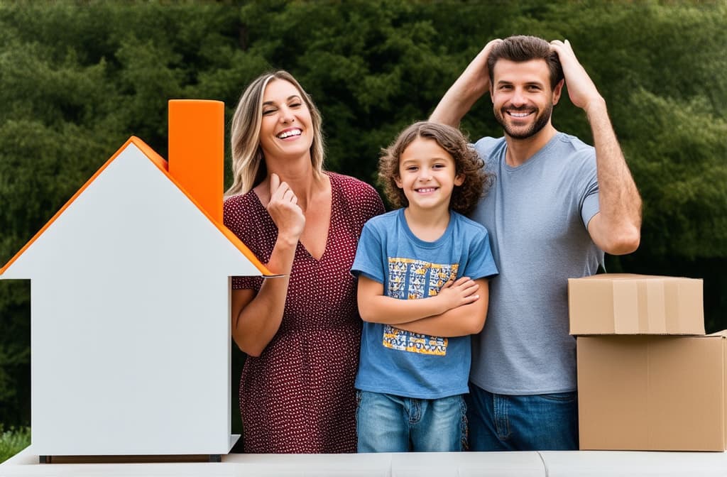  professional detailed photography, housing and moving concept. happy family, mother, father and children with a roof over their heads ar 3:2, (muted colors, dim colors, soothing tones), (vsco:0.3)