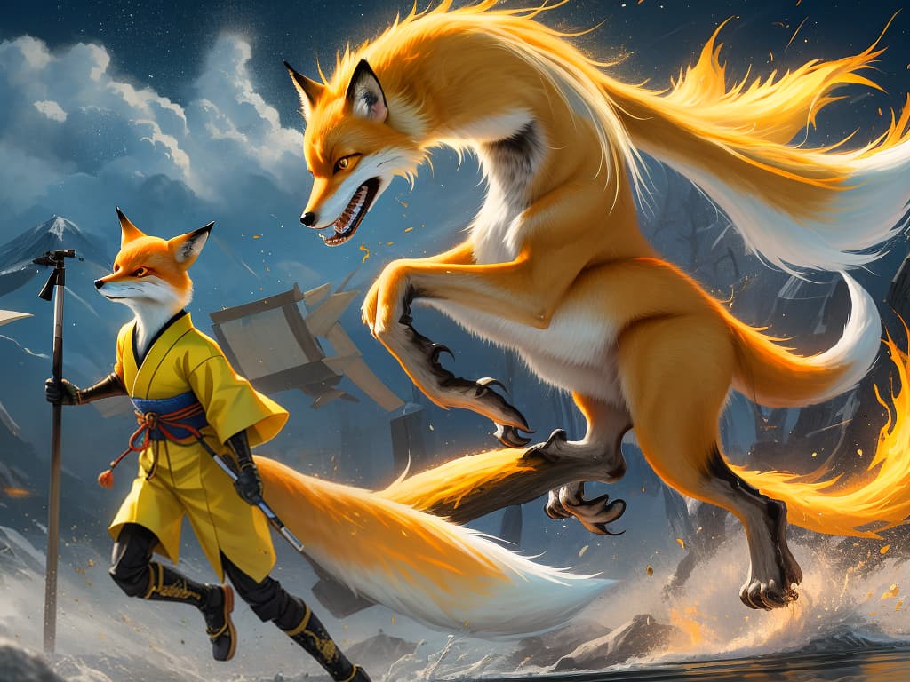  japanese style, fox, yellow, power, real fox, masterpiece, best quality,8k,ultra detailed,high resolution,an extremely delicate and beautiful,hyper detail