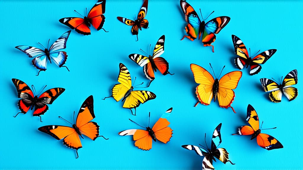  professional detailed photography, multicolored butterflies on a blue background ar 16:9, (muted colors, dim colors, soothing tones), (vsco:0.3)