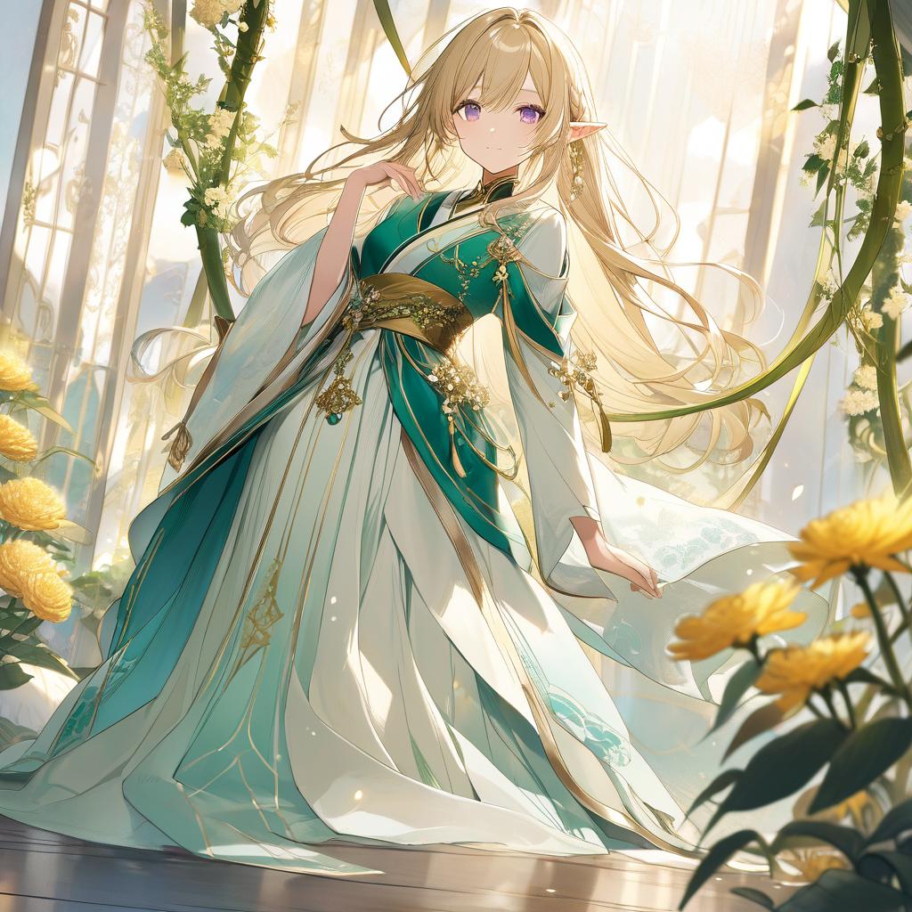  ethereal fantasy concept art of a short elf with long, bright blonde hair always neatly styled. her mature, soft purple eyes are tired and droopy, and her long ears extend outward, reflecting the timeless wisdom attributed to elves in folklore. cherry’s divine attire is a celestial kimono made of emerald green satin silk that shifts between hues of green and gold. it features flowing, floor length sleeves trimmed with greenish gold silk and delicate ocean wave patterns in gold thread. the kimono is adorned with intricate embroidery of cascading chrysanthemums and climbing vines in luminous gold and silver, creating a magical, garden like effect. the hidden collar of pristine white silk with radiant gold accents emits a soft, celestial glo