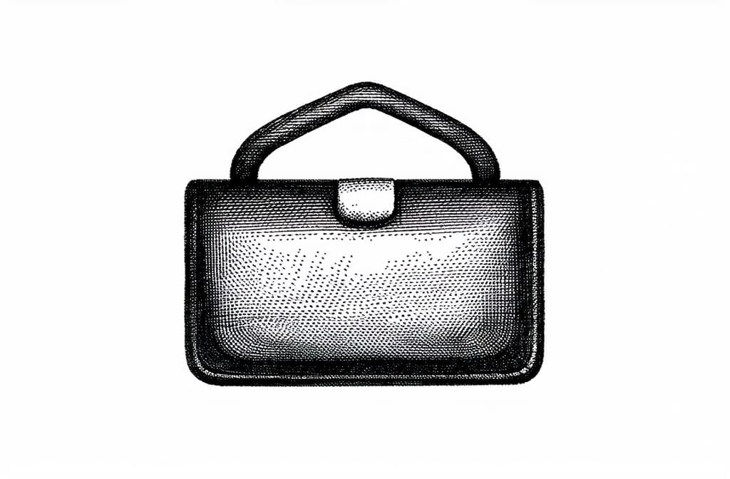  contour, very simple image in one unbroken black ink line, single line of purse, engraving illustration, icon isolated on white background ar 3:2 using a single continuous black line ink brushon white background, drawing should be created without lifting the pen, recognizable features of purse, engraving illustration, icon isolated on white background ar 3:2 in one unbroken line