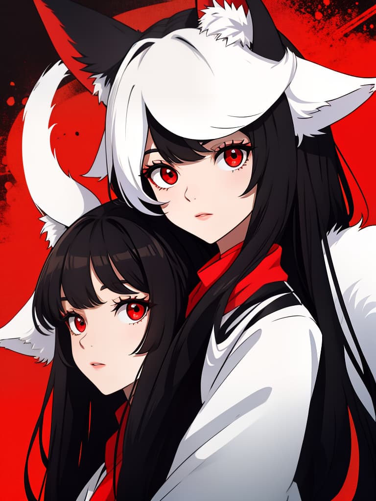  fox ears, one girl, black hair, red eyes