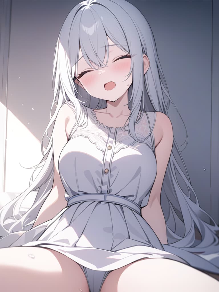  yawn, girl, white hair long, white dress, , girl sitting, sleep, masterpiece, best quality,8k,ultra detailed,high resolution,an extremely delicate and beautiful,hyper detail