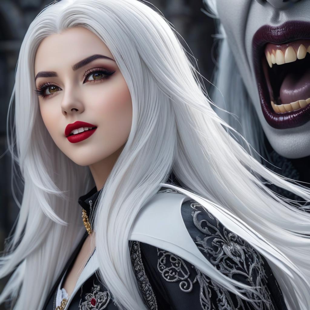  goth girl with vampire teeth white hair photo realistic, highly intricate and detailed, masterpiece, ultra high res,photography,8k resolution