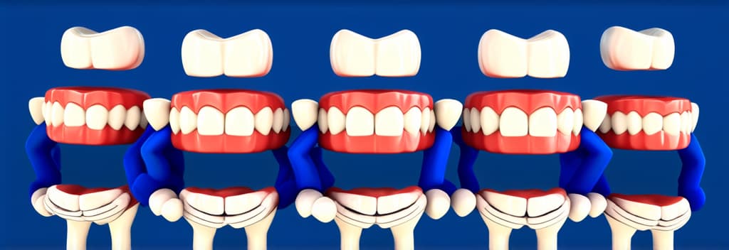  epic realistic, hyperdetailed, (cycles render:1.3), caustics, (glossy:0.58), (artstation:0.82),many smiling teeth standing and holding each other with hands in one line against blue background ar 3:1