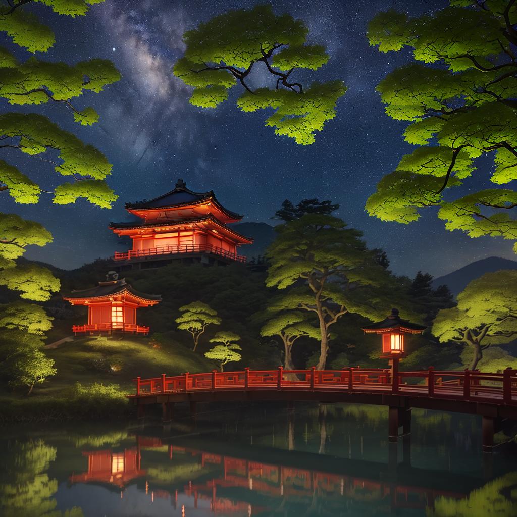  masterpiece, best quality,(fidelity: 1.4), best quality, masterpiece, ultra high resolution, 8k resolution, night view inspired by Japanese art, featuring a garden illuminated by paper lanterns and a wooden bridge spanning a tranquil lake with a small Zen temple by the lake. The water reflects the stars.