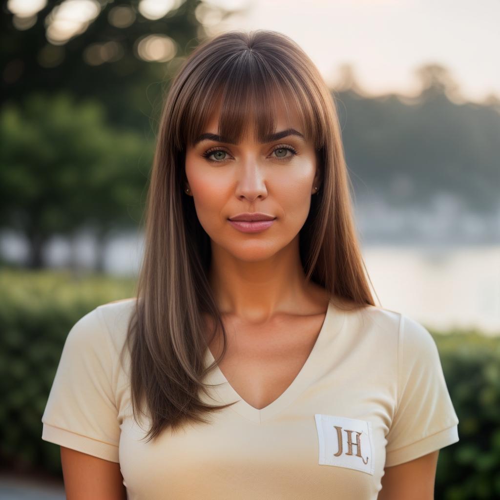  (((realistic full torso frontal head shot of a light beige to medium tan skin tone woman))), liselotte jane winkler, ((caucasian heritage)), immature face, brown eye color, ((bangs hair style)), (( hair color)), (( body type)), small size, big size, (immature flat nose), (immature defined cheekbones), (immature angular jawline), (immature full lips), (immature wide forehead), (immature even eyebrows), (immature dimpled chin), standing straight looking directly into the camera,((wearing fitted polo shirt with deep v neck and monogrammed pocket)), backyard in background, 1, best quality, highest quality, award winning photo, masterpiece, raw, professional photography, photorealism, sharp focus, cinematic, hi hyperrealistic, full body, detailed clothing, highly detailed, cinematic lighting, stunningly beautiful, intricate, sharp focus, f/1. 8, 85mm, (centered image composition), (professionally color graded), ((bright soft diffused light)), volumetric fog, trending on instagram, trending on tumblr, HDR 4K, 8K