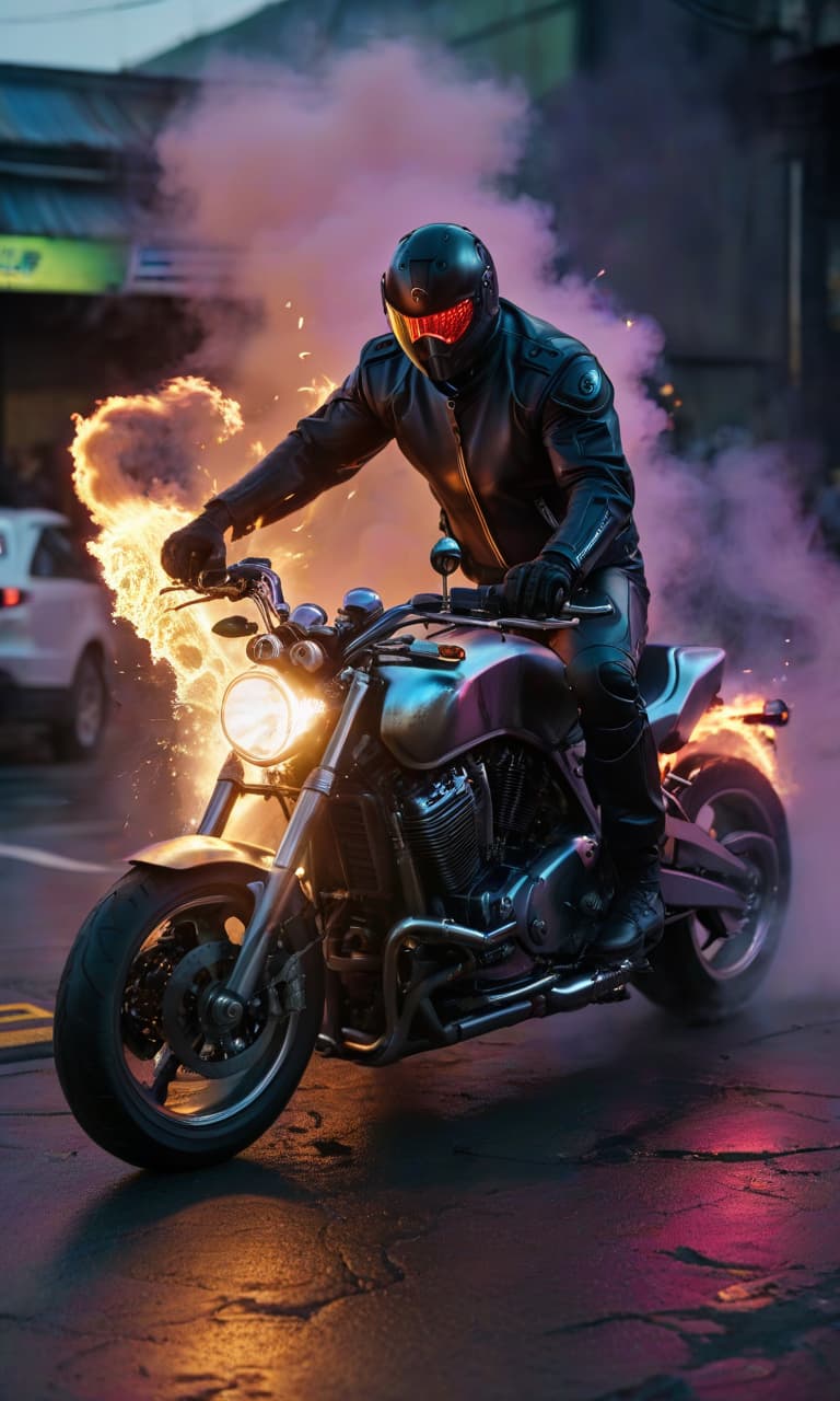  biomechanical cyberpunk the motorcycle explodes on the side of the road, against the back of the crowd . cybernetics, human machine fusion, dystopian, organic meets artificial, dark, intricate, highly detailed, oil painting, glowneon hyperrealistic, full body, detailed clothing, highly detailed, cinematic lighting, stunningly beautiful, intricate, sharp focus, f/1. 8, 85mm, (centered image composition), (professionally color graded), ((bright soft diffused light)), volumetric fog, trending on instagram, trending on tumblr, HDR 4K, 8K