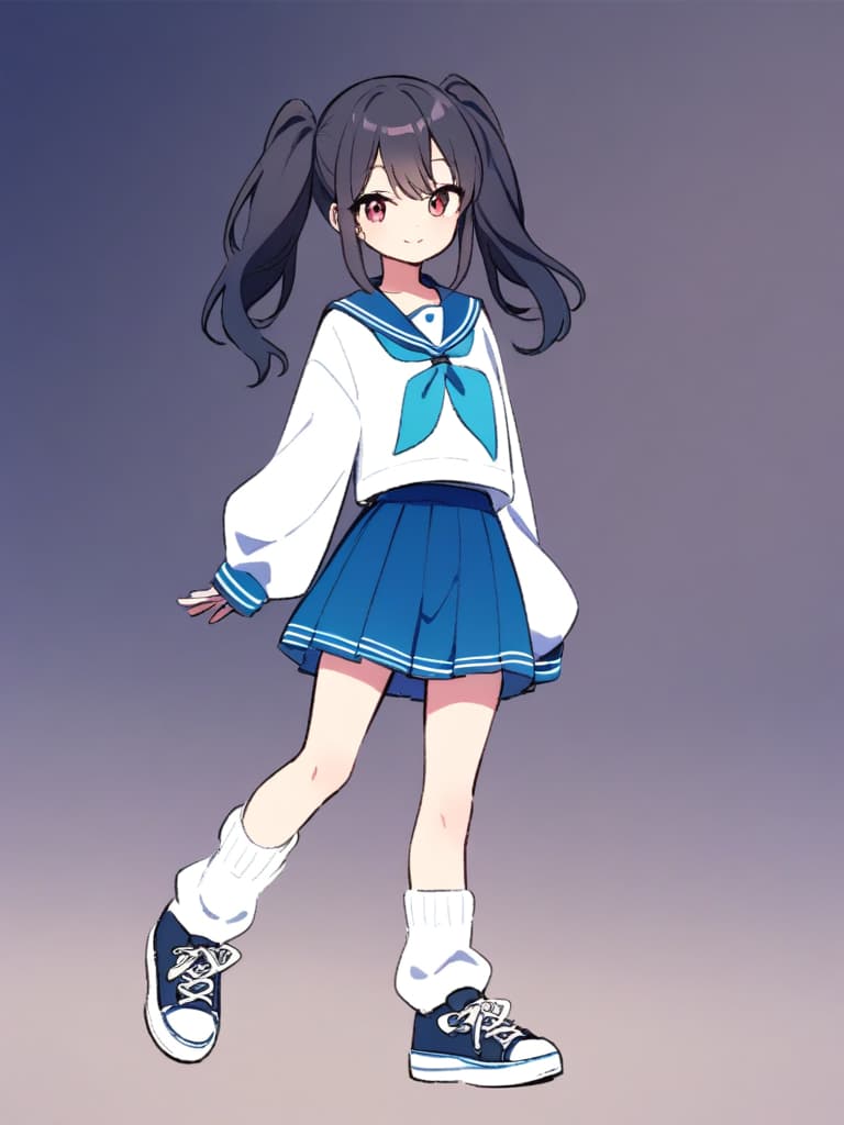   junior high , sailor suit, twin tails, cute smile, ultra long loose socks, bottom sneakers, whole body,