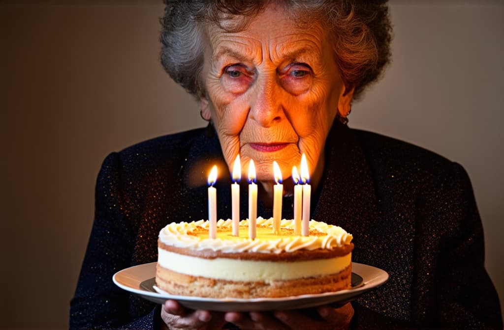  fashionable old woman holding cake with candles in the shape of "100" and blowing out candles on her birthday ar 3:2, (natural skin texture), highly detailed face, depth of field, hyperrealism, soft light, muted colors