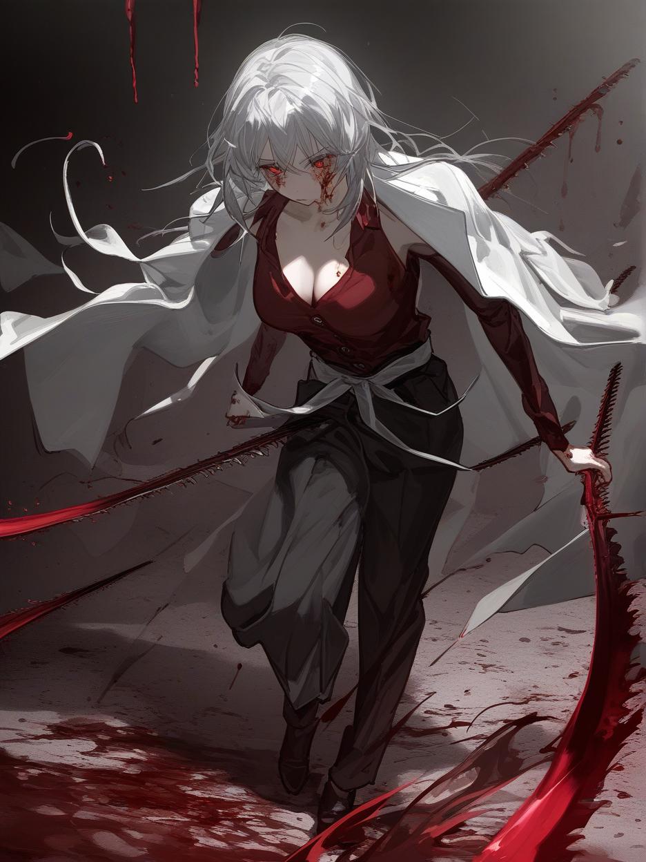  create for me a character with anime manga art. a woman with long, frayed silver hair, which even covers her face. she has deep, lifeless red eyes resembling wine. she wears dark dress pants. a red dress shirt with buttons on its front seam, two thin belts under its bust. a light gray lab coat on the shoulders. she walks around with two katanas around her waist. she´s in combat pose. darker theme, dark background, alot of blood, blood swings, blood swords, brutal scene . best quality, high resolution