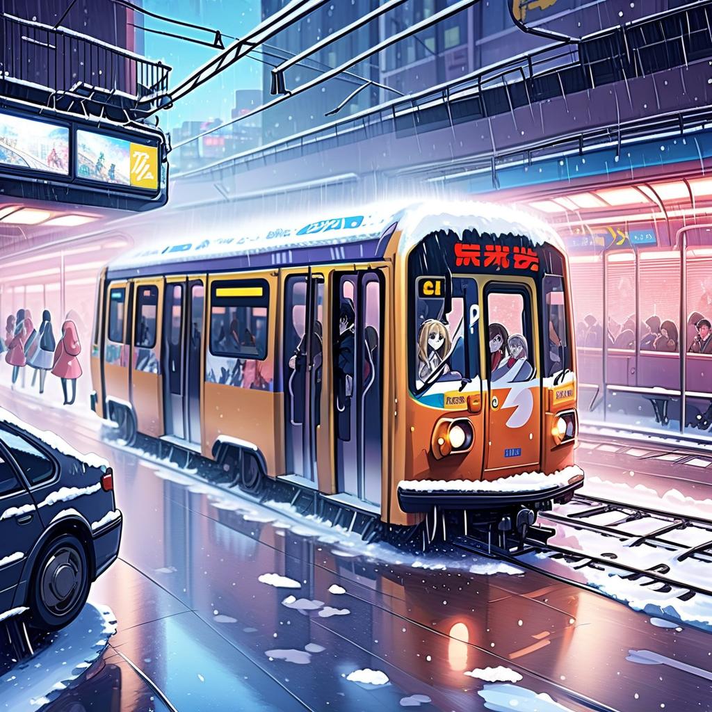  anime artwork there are two subway cars, there's a guy in one car, there's a girl in the other car. the cars are moving in different directions, it's snowing on the street. . anime style, key visual, vibrant, studio anime, highly detailed