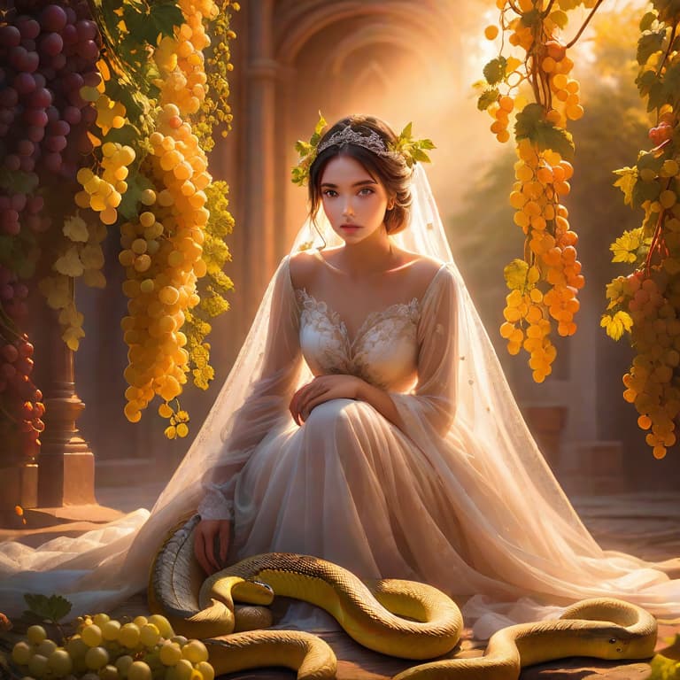  photorealistic portrait of a beautiful european girl, looking frightened in the camera, very detailed, wineleaves und grapes laying on her head, snakes are between the wineleaves, dynamic, very detailed, romantic dark art hyperrealistic, full body, detailed clothing, highly detailed, cinematic lighting, stunningly beautiful, intricate, sharp focus, f/1. 8, 85mm, (centered image composition), (professionally color graded), ((bright soft diffused light)), volumetric fog, trending on instagram, trending on tumblr, HDR 4K, 8K