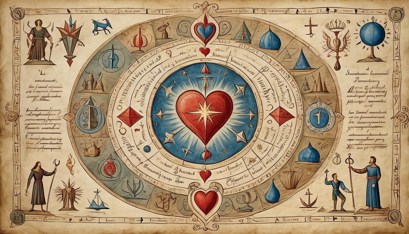  on parchment, surrealism+++, a strong figure with a glowing heart, surrounded by symbols of success, strength, resilience, victory, triumphant(mysterious, provocative, symbolic,muted color)+++