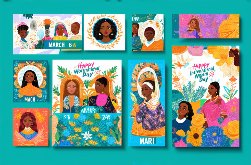  happy international women's day. march 8th. different races and nationalities. colored hand drawn vector illustrations. set of cards and seamless pattern ar 3:2 {prompt}, maximum details