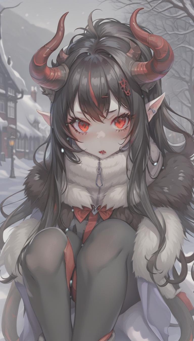  breathtaking demon girl, white skin, red horns, black long hair, red eyes, winter clothes . award winning, professional, highly detailed, sticker