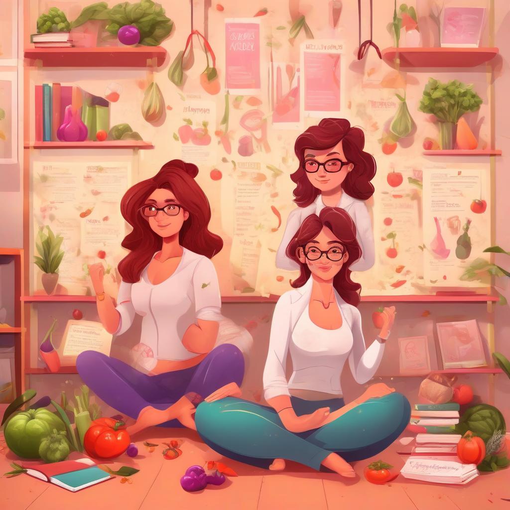  female professor and student. on the walls hang posters with wise advice about a healthy lifestyle, with vegetables and spicy herbs. around glitter barbells and fitballs, a yoga mat on the floor and carelessly scattered books on nutrition and yoga.