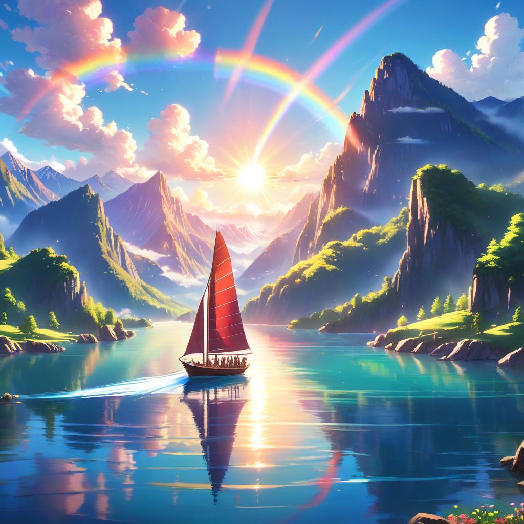  anime artwork sailboat sails on a sunny day on a mountain lake . anime style, key visual, vibrant, studio anime, highly detailed, glowneon, hkmagic