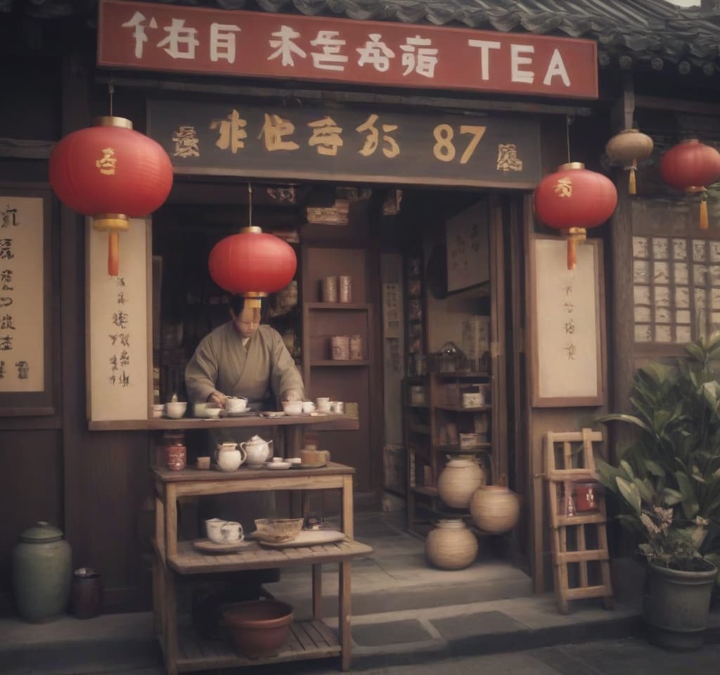  chinese town, tea store, tea ceremony, sign text “tea875”, epic foto, 4k