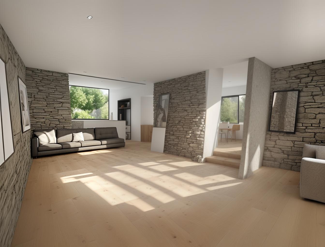  produce a photorealistic rendering of a modern interior with a stone wall as a focal point, complemented by wooden flooring and large windows. add a sleek, modern sofa and minimalist furniture that reflects a contemporary style, creating a space that feels both rustic and sophisticated.