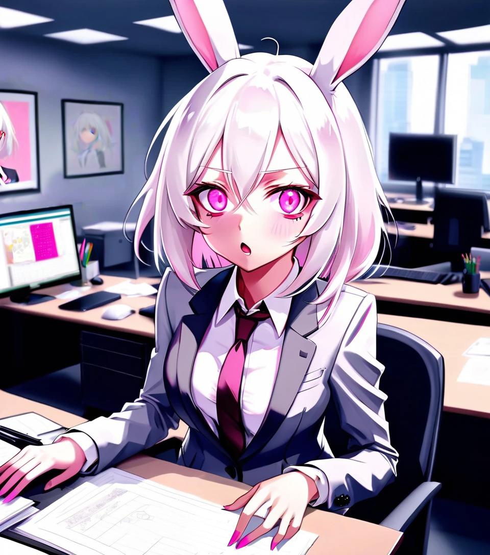  anime artwork looking straight ahead, bunny girl, in a formal suit, pink eyes, white hair, a confused face, 24 age, in the office . anime style, key visual, vibrant, studio anime, highly detailed