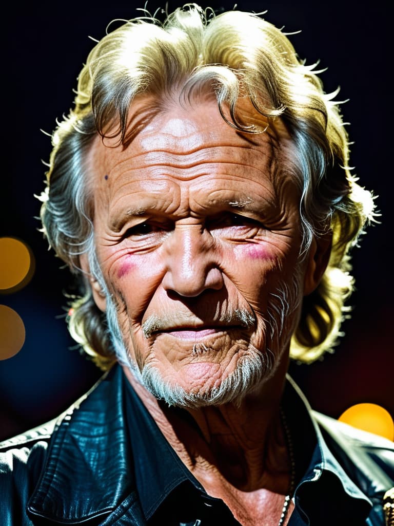  A portrait of Country singer, Kris Kristofferson, medium shot, upper body, spotlight, long exposure lighting, street art style spray paint, glamour lighting