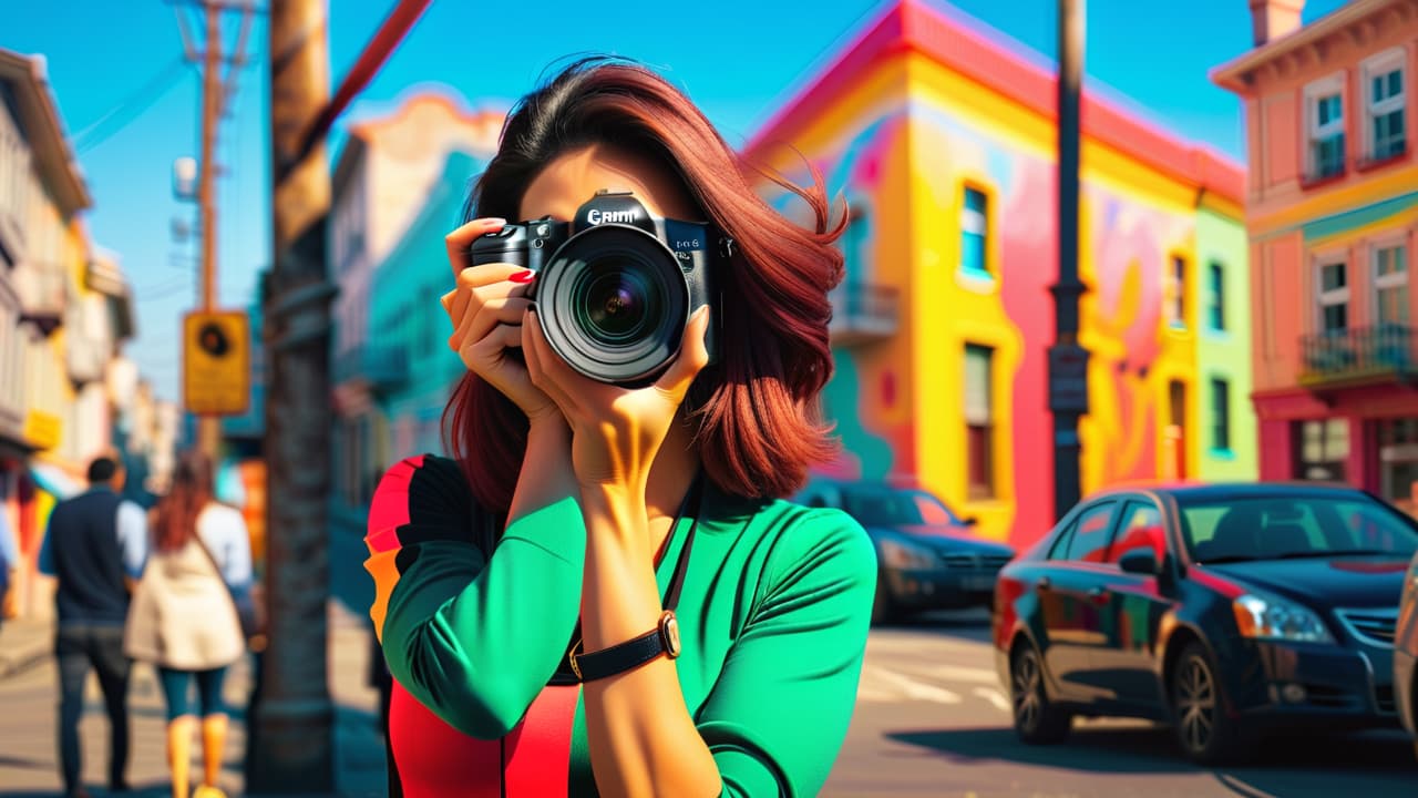  a photographer capturing vibrant city life, surrounded by diverse subjects, with a camera in hand, showcasing dynamic street scenes, colorful murals, and engaged locals, all under a bright blue sky. hyperrealistic, full body, detailed clothing, highly detailed, cinematic lighting, stunningly beautiful, intricate, sharp focus, f/1. 8, 85mm, (centered image composition), (professionally color graded), ((bright soft diffused light)), volumetric fog, trending on instagram, trending on tumblr, HDR 4K, 8K