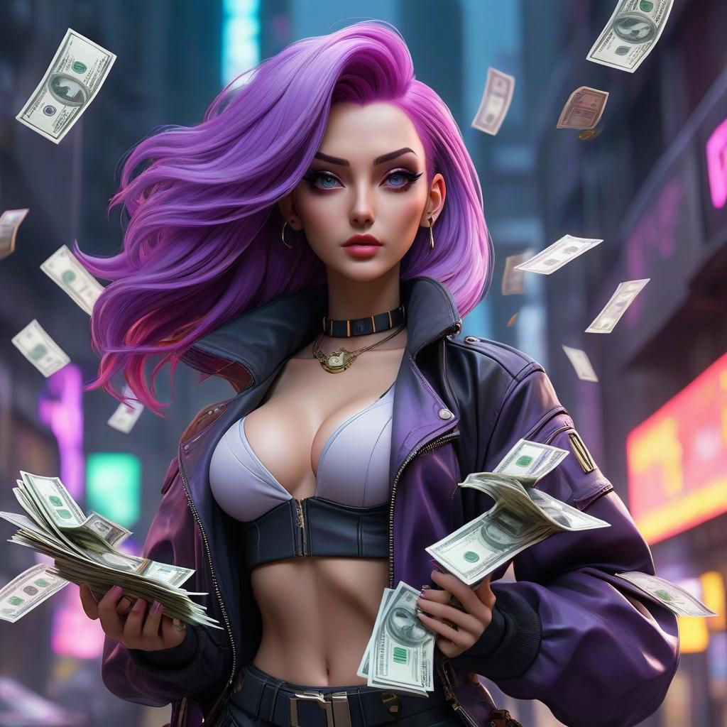  cyberpunk game style a girl with purple hair, money in her hands, money falling from the sky, full length, long hair, anime . neon, dystopian, futuristic, digital, vibrant, detailed, high contrast, reminiscent of cyberpunk genre video games hyperrealistic, full body, detailed clothing, highly detailed, cinematic lighting, stunningly beautiful, intricate, sharp focus, f/1. 8, 85mm, (centered image composition), (professionally color graded), ((bright soft diffused light)), volumetric fog, trending on instagram, trending on tumblr, HDR 4K, 8K