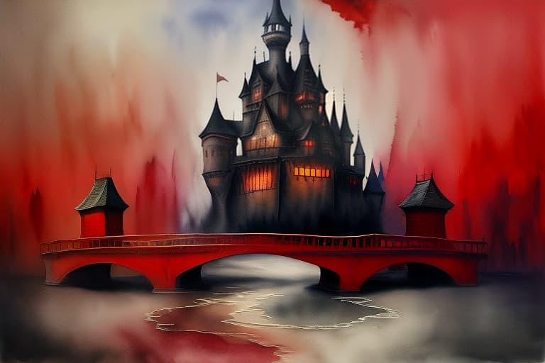  fire river, wooden bridge, castle, sorcerer. painted with brush and paints, watercolor, smooth shadows. ashes, black, red., (surrealism), dreamlike , distorted , abstract , symbolic