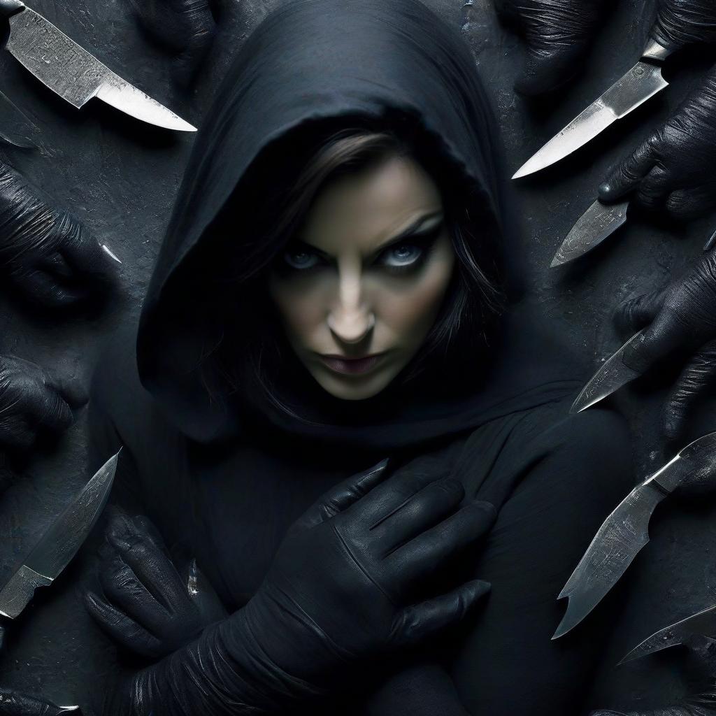  macabre style antje traue as a thief with knives in both hands. . dark, gothic, grim, haunting, highly detailed, perfecteyes, perfect hands