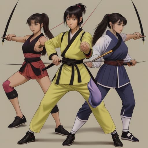  young, loli, 80's fantasy art, A group of young ninja trainees, an athletic man practicing with a sword, a slender woman with long hair tied in a ponytail holding a bow and arrows, another woman of medium height wielding nunchaku with short hair, and a slim man with medium-length hair handling shurikens and a tanto (Japanese dagger), all dressed in traditional training outfits in a dojo.