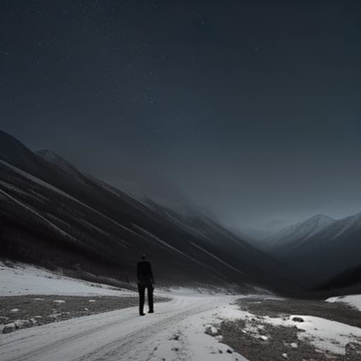  a man in black makes his way through the mountains, winter, night