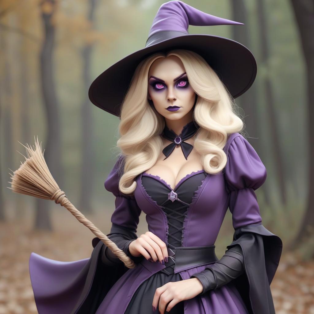   in witch costume, blonde long hair, medium size, neckline in costume, purple color of witch costume