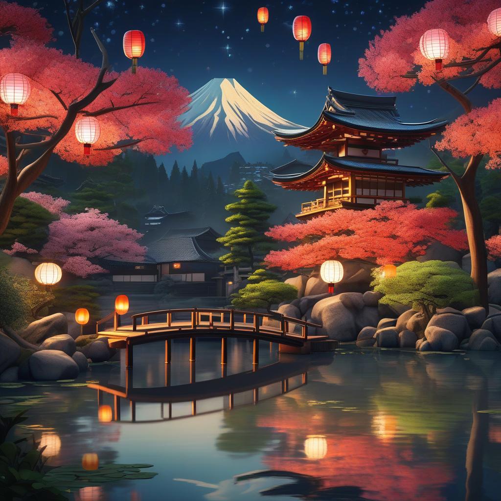  masterpiece, best quality,(fidelity: 1.4), best quality, masterpiece, ultra high resolution, 8k resolution, night view inspired by Japanese art, featuring a garden illuminated by paper lanterns and a wooden bridge spanning a tranquil lake with a small Zen temple by the lake. The water reflects the stars.