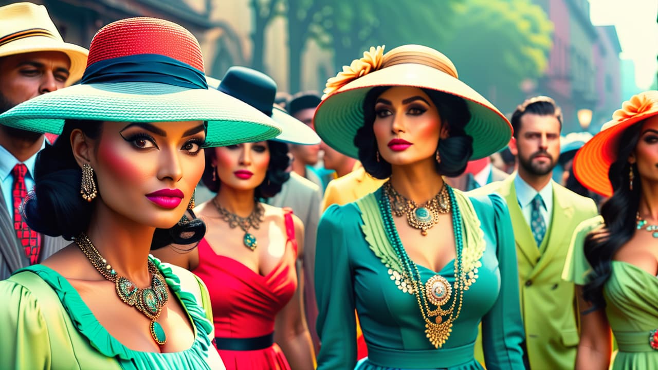  a vibrant marketplace scene filled with diverse people wearing eclectic vintage outfits, showcasing bold patterns and textures. retro accessories like hats and handbags complement their styles, surrounded by colorful stalls filled with vintage clothing. hyperrealistic, full body, detailed clothing, highly detailed, cinematic lighting, stunningly beautiful, intricate, sharp focus, f/1. 8, 85mm, (centered image composition), (professionally color graded), ((bright soft diffused light)), volumetric fog, trending on instagram, trending on tumblr, HDR 4K, 8K