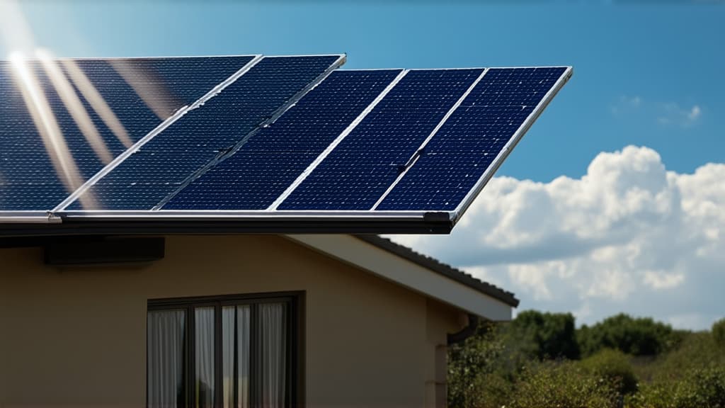  cinematic film style, solar panels on the roof of the house, close up, clouds, blue sky, sun rays ar 16:9, shallow depth of field, vignette, maximum details, high budget hollywood movie, bokeh, cinemascope, moody, epic, gorgeous, sun rays and shadows on furniture and surfaces, flattering light, raw photo, photography, photorealistic, 8k resolution, f1.4, sharpened focus, sharp focus