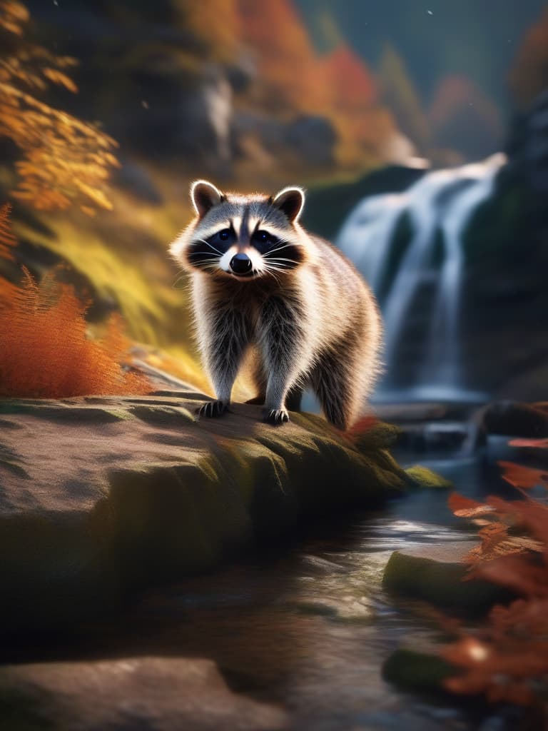  super detailed,8k,high resolution,absurd,employed,detailed,delicately composed,cinematic angles,bold composition,subtle features,{{no people:1.4}}((super cute raccoon)){in the woods,deep in the mountains,waterfall,((hint of autumn,autumnal weather}},top quality,masterpiece,