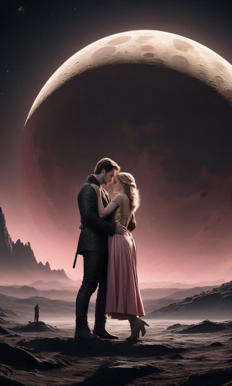  concept art pink, gold, black, white on the background of a huge moon eclipse robert pattison hugs christian stewart . digital artwork, illustrative, painterly, matte painting, highly detailed, perfect hands