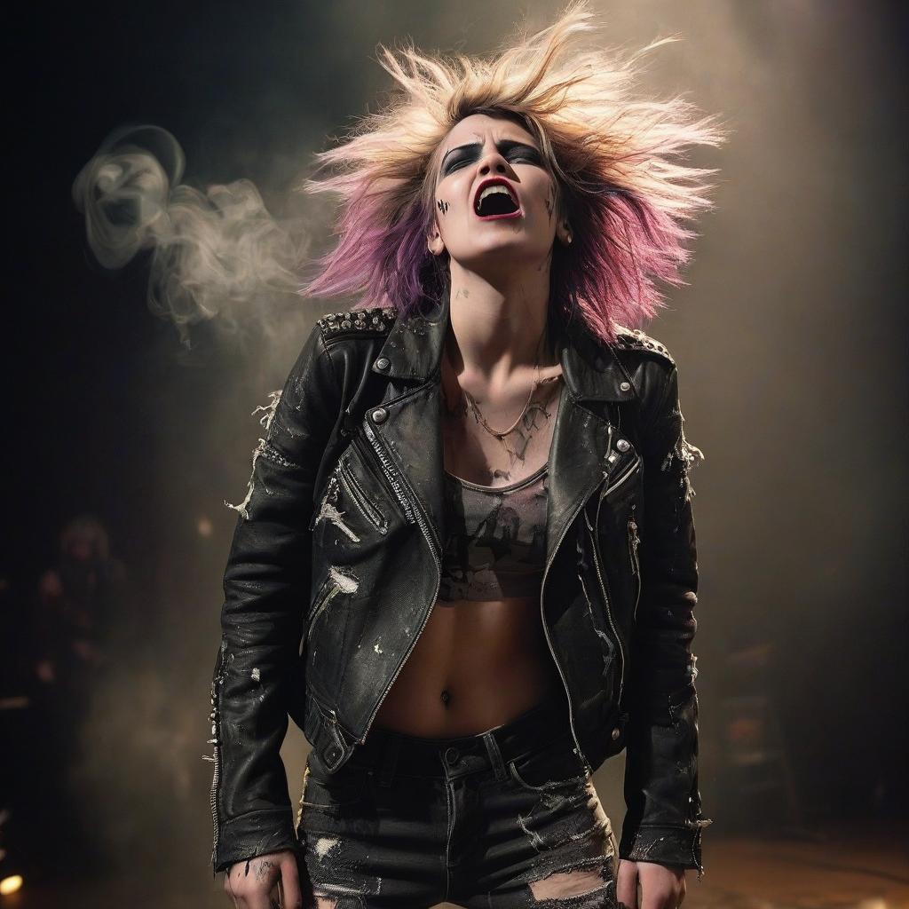  cinematic photo a punk rocker girl on stage, dressed in a torn leather jacket with studs, ripped jeans, and high top sneakers with bright laces. her face is pale, with sharp features and defined cheekbones, reflecting her inner strength and determination. her eyes are boldly outlined with black eyeliner, with deep dark shadows adding drama. her lips are covered in rich dark lipstick, with a slightly smudged outline that adds a touch of carelessness. her hair is brightly colored, disheveled, and styled in a chaotic yet purposeful mess. she stands on stage, emotionally screaming, expressing rebellion and passion. smoke swirls around her, and the lighting creates dramatic shadows, emphasizing her energetic and defiant presence. no extraneous .