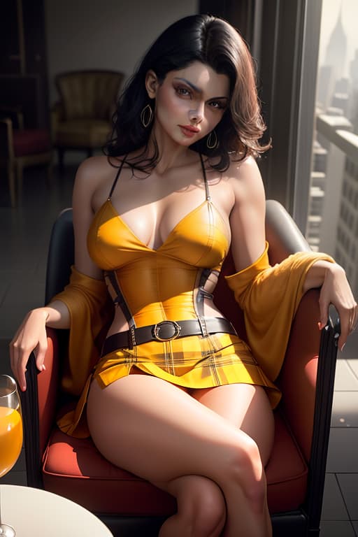  Morena Baccarin, carmine red lips, dark makeup, yellow suit, yellow tartan, short skirt, slit skirt, suspender belt, medium breasts, deep neckline, bare torso, armchair, Manhattan balcony, front view hyperrealistic, full body, detailed clothing, highly detailed, cinematic lighting, stunningly beautiful, intricate, sharp focus, f/1. 8, 85mm, (centered image composition), (professionally color graded), ((bright soft diffused light)), volumetric fog, trending on instagram, trending on tumblr, HDR 4K, 8K