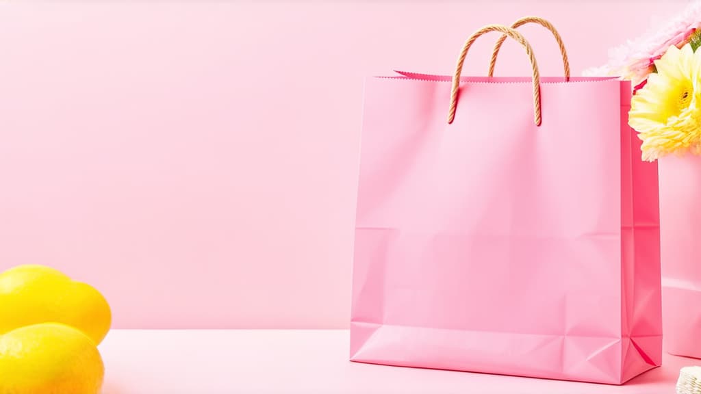  pink smooth paper shopping bag with two paper handles. lots of free space at the top and bottom. the bag is on the right in 1/3 of the picture. pink pastel background. pastel colors. 2/3 of free space on the left. extreme long shot ar 16:9 {prompt}, maximum details