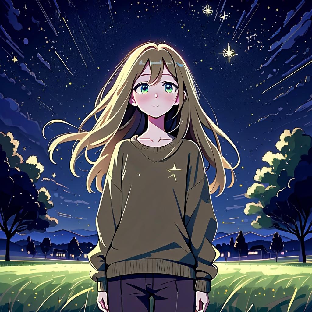  architectural style a girl in anime style with long hair stands in the middle of the field at night wearing a khaki sweater and pants. the girl looks at the starry sky at night, her eyes of a specific color are full of joy from the unknown and curiosity. her face is a little happy. she pulls her hand up towards the night sky. . clean lines, geometric shapes, minimalist, modern, architectural drawing, highly detailed