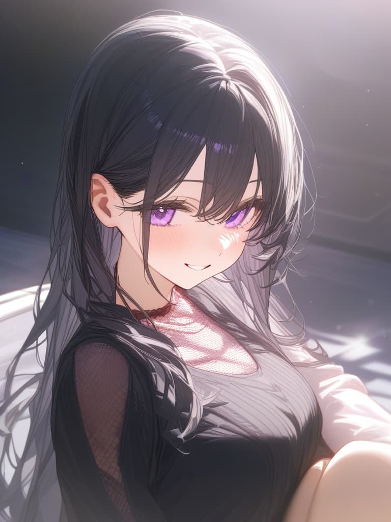  purple eyes, black hair long, pink mesh, smile, masterpiece, best quality,8k,ultra detailed,high resolution,an extremely delicate and beautiful,hyper detail