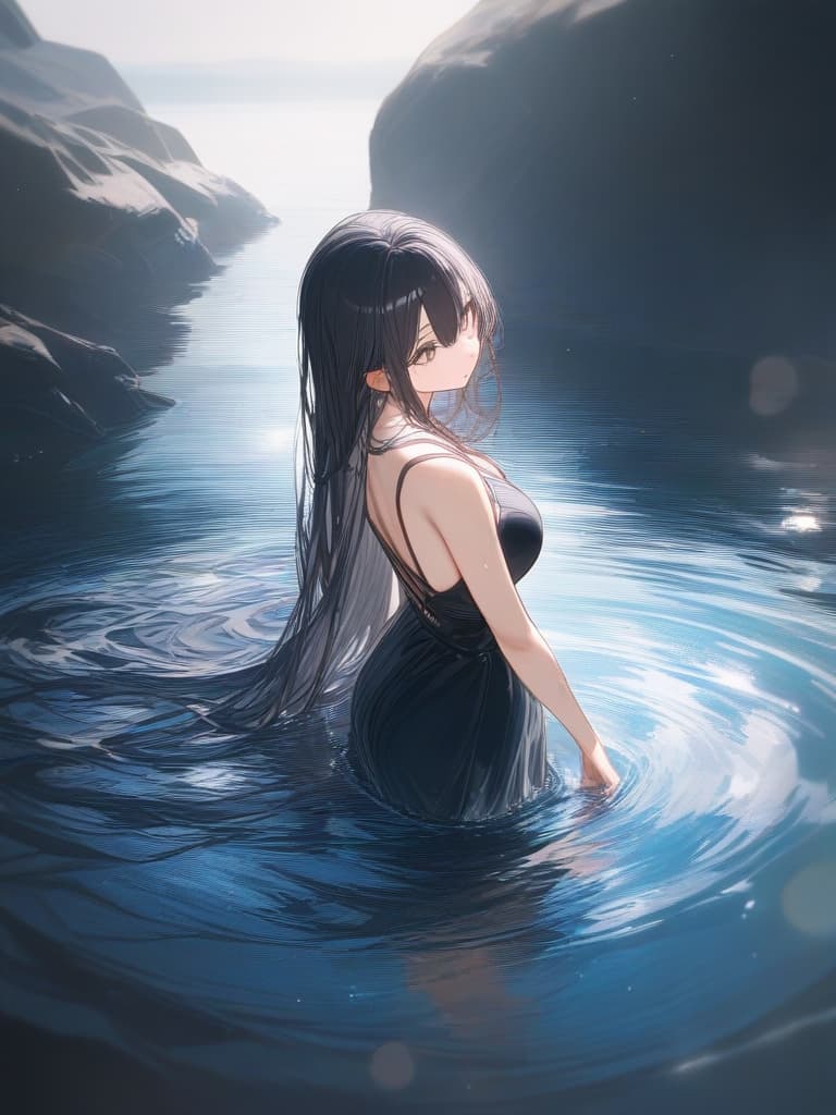  large chest, white eyes, whole body, black hair, super long long hair, wave hair, pin heel, standing on water, the water fluctuates, masterpiece, best quality,8k,ultra detailed,high resolution,an extremely delicate and beautiful,hyper detail