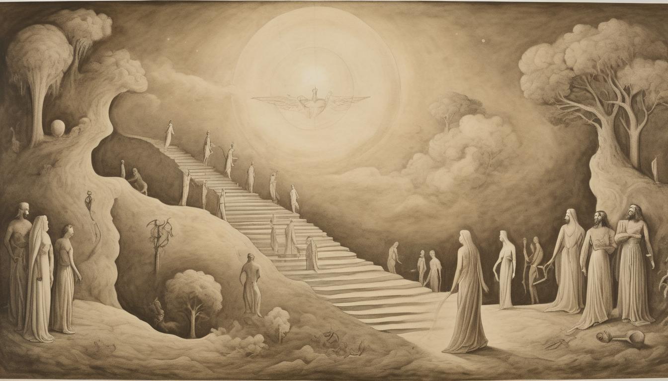  on parchment, surrealism++, a united group of figures ascending a luminous staircase, ethereal surroundings, sense of collective ascension and unstoppable resolve(mysterious, provocative, symbolic)++