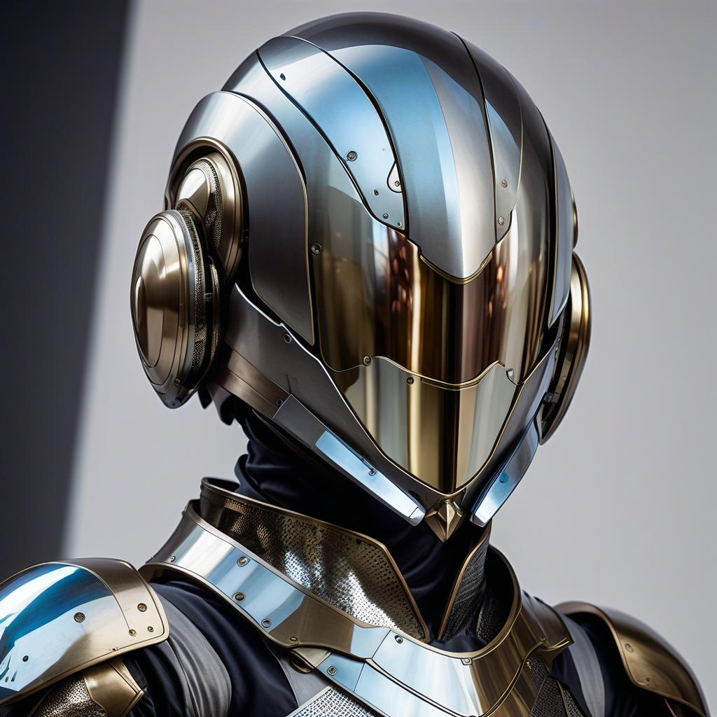  faceless androgynous droid. dressed in high tech but medieval style perfectly tailored mirrorscale armor and sleek high tech full face helmet with mirrored visor, all weak and moving points of the armor are covered with mirrored scale mail