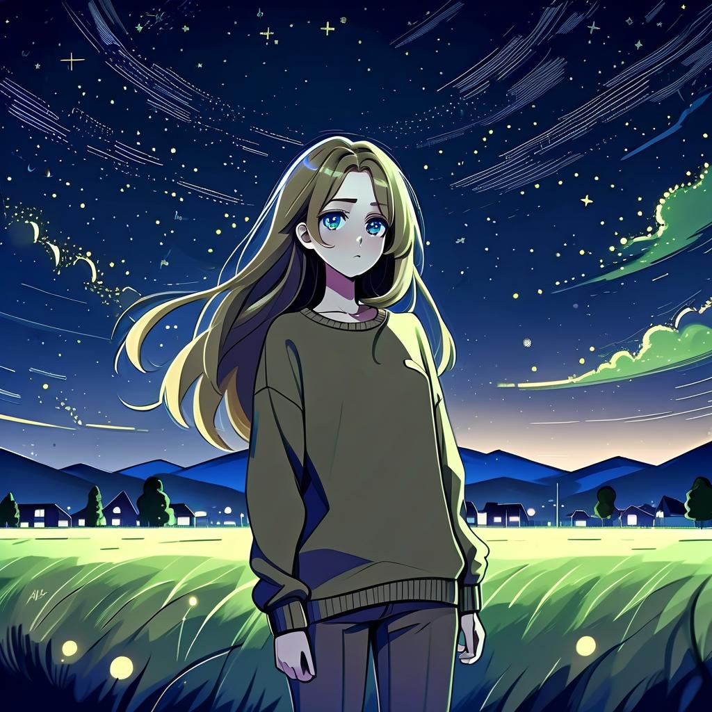  architectural style a girl in anime style with long hair stands in the middle of the field at night wearing a khaki sweater and pants. the girl looks at the starry sky at night, her eyes of a specific color are full of fear of the unknown and curiosity. she reaches for the night sky. . clean lines, geometric shapes, minimalist, modern, architectural drawing, highly detailed