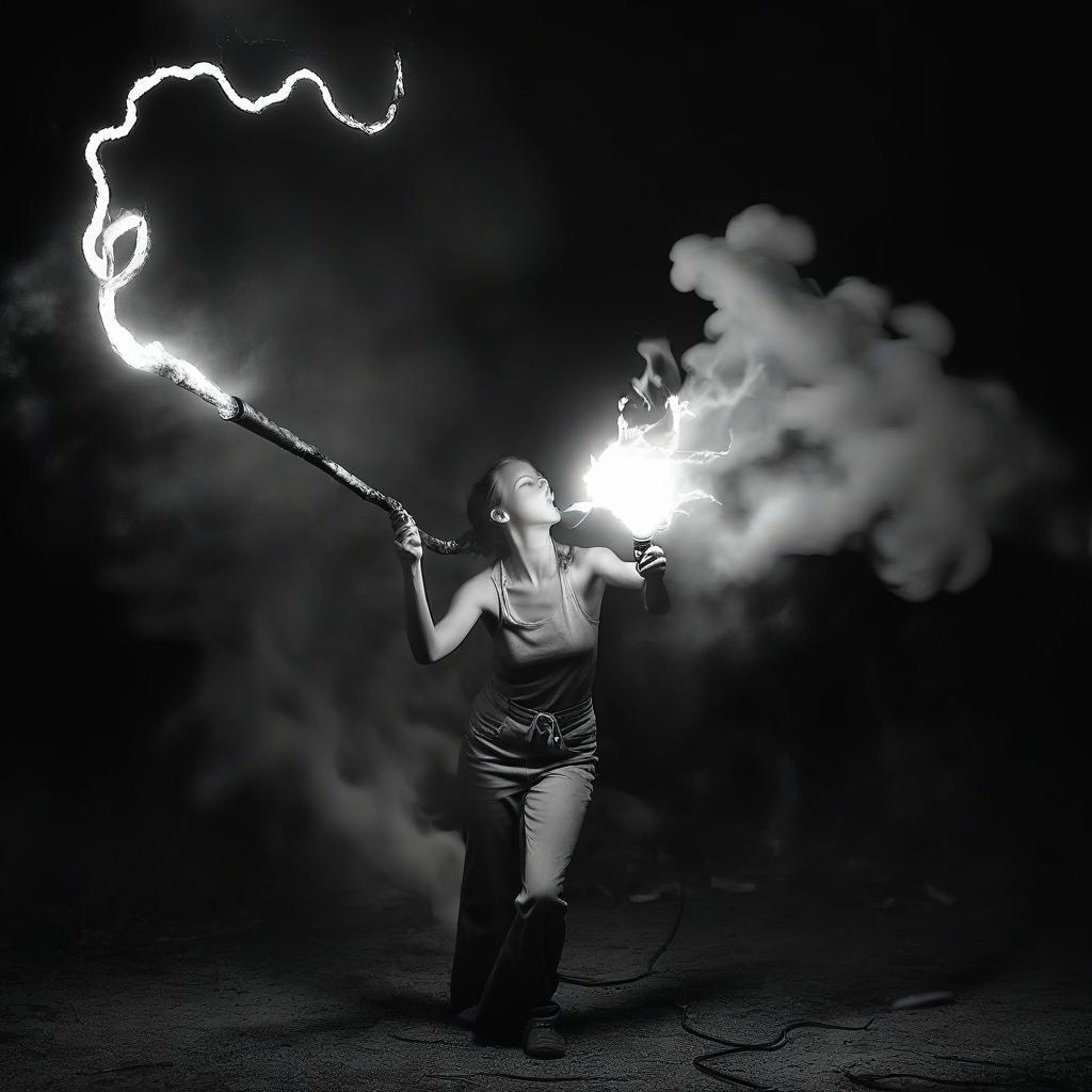  monochrome the girl is doing a fire show. breathing fire. there is a torch in his hand. lightning strikes all around . black and white, contrast, tone, texture, detailed