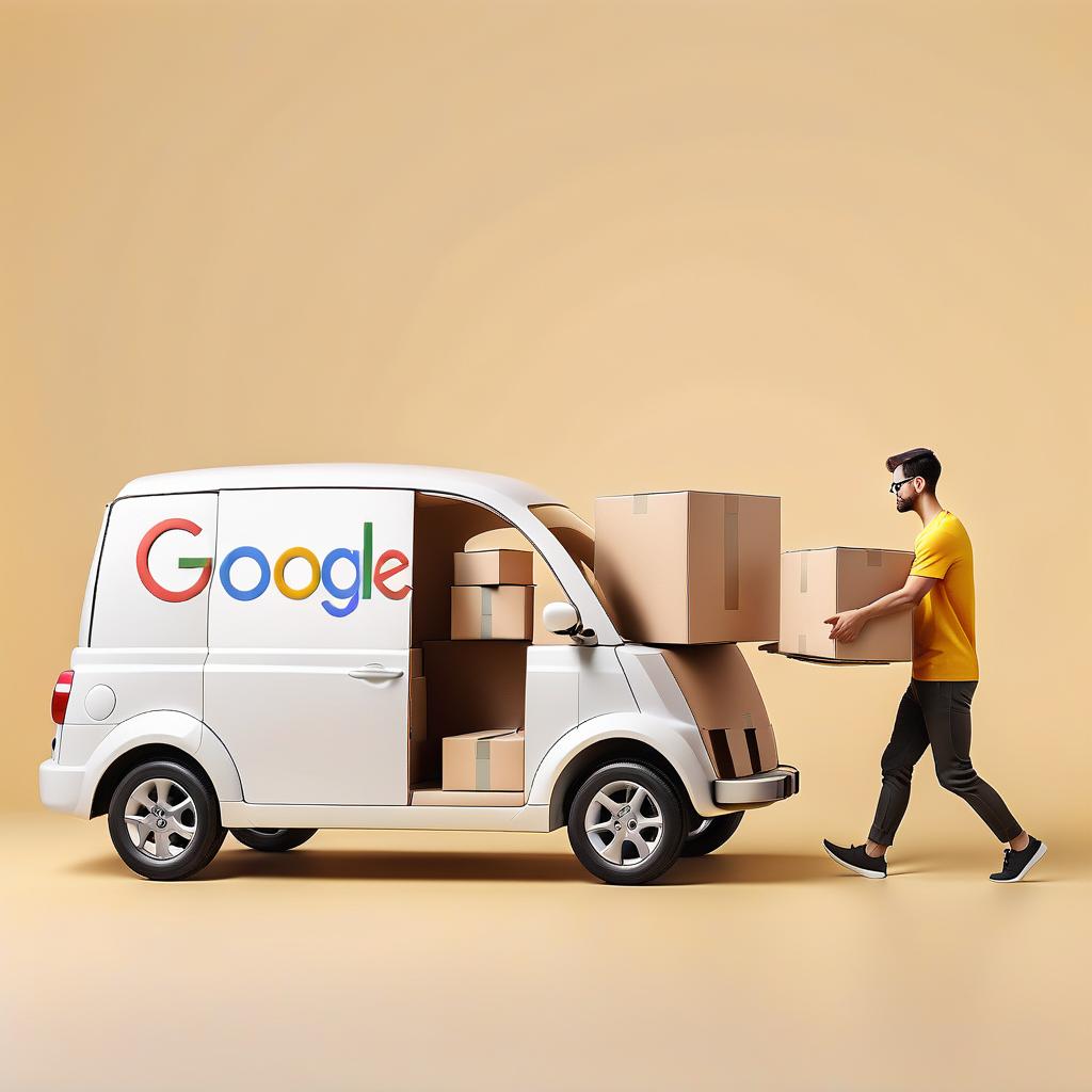  minimalist style a man pulls a car with boxes with yandex and google logos . simple, clean, uncluttered, modern, elegant, text